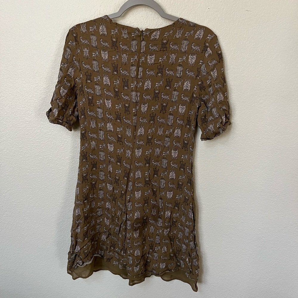 & OTHER STORIES | Khaki Olive Tiger Printed Flounce Mini Ruched Dress | Size 6 - Picture 6 of 12